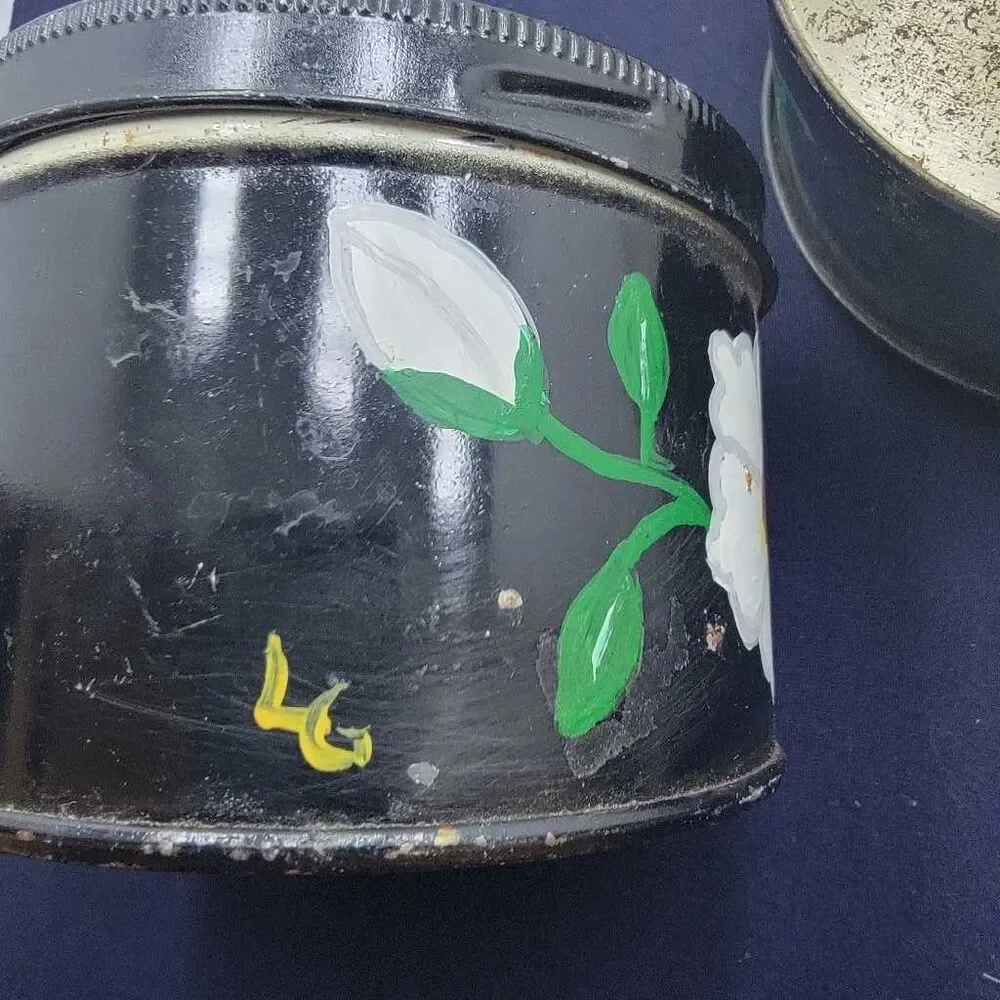 Vintage Black Floral Farmhouse Tin Set 3 Round Storage Canisters Decor